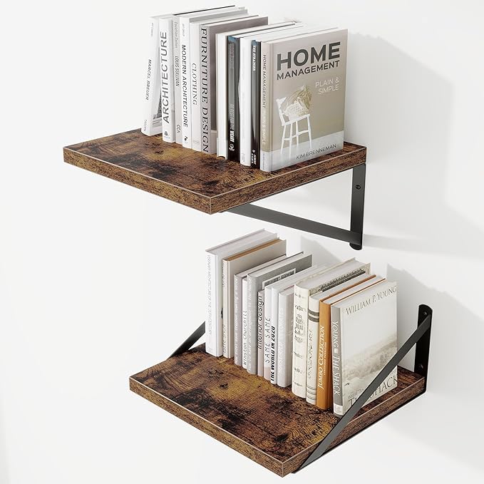 Deep Wall Shelves 12"W x 12"D Engineered Wood Floating Shelves for Wall, Sturdy Metal Bracket Bookshelves Home Decor Storage for Living Room Bedroom Bathroom Kitchen, Set of 2, Rustic Brown Finish