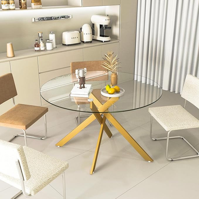 SSLine Glass Dining Table,47.25'' Round Dining Kitchen Table,Modern X-Design Dining Room Table with Gold Metal Base for Dining Room (Gold,47'',Round)