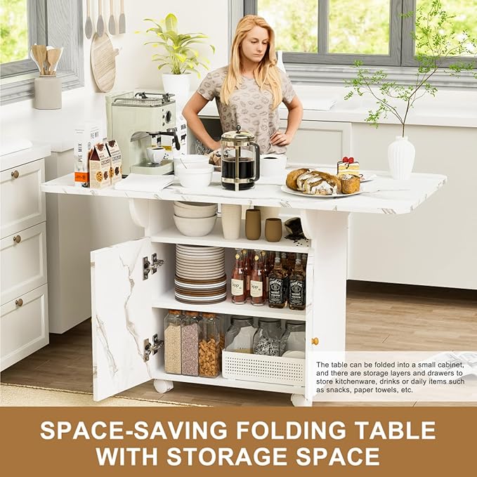 Multi-Functional Folding Dining Table with Storage Cabinet and Wheels - Marble Texture MDF Kitchen Island, Console Table, Desk - Space Saving Furniture for Small Spaces,47.24"L x 28.35"W x 29.92"H