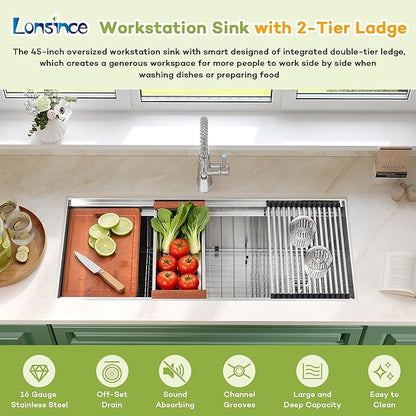Undermount Kitchen Sink 45 inch,16 Gauge Stainless Steel Single Bowl Undermount Sink Two-Tiered Ledge,Spacious & Large Kitchen Sink Offset Drain (45" X 19")