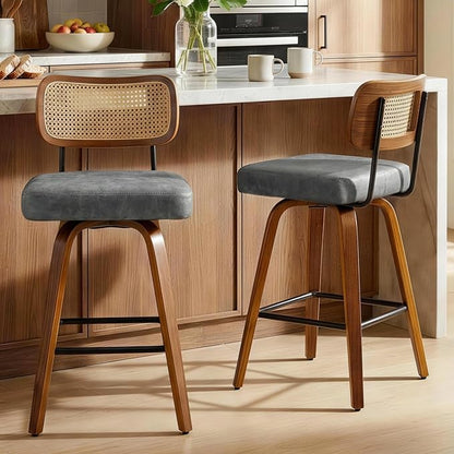 Swivel Bar Stools Set of 4, 26" Upholstered Counter Height Bar Stools with Rattan Back and Bent Walnut Wood Legs, Faux Leather Modern Barstools for Kitchen Island,Rattan Gray