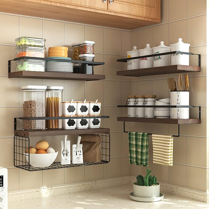 Wood Floating Shelves Wall Mounted - 4+1 Tier Rustic Bathroom Wall Shelves Over Toilet with Wire Storage Basket and Towel Bar, Set of 4 Farmhouse Floating Shelf for Bathroom, Kitchen, Bedroom.