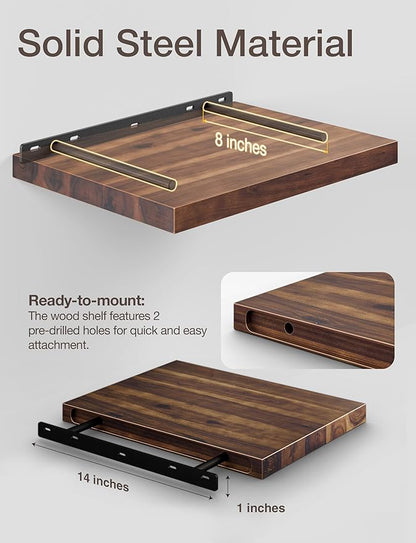 BATODA 16” x 12” Deep Floating Shelves, Acacia Wooden Floating Shelves for Wall - Corner Shelf Floating, Wall Decor Living Room for Home - Floating Book Shelves with Mounting Hardware (Walnut Color)