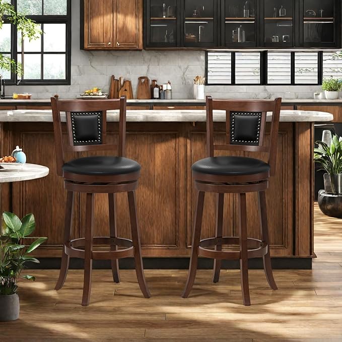 ERGOMASTER Set of 2 Swivel Bar Stools 30.5 Inch Height - 360° Rotating PU Leather Counter Stools with Backrest & Footrest, Brown Tobacco Wood Kitchen Island Stools, 250 lbs Capacity