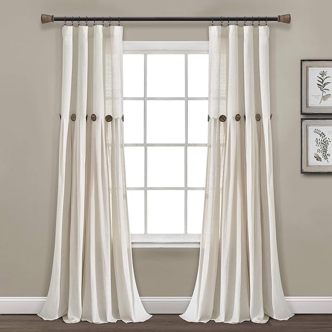 Lush Decor Linen Button Window Curtain Panel, Single, 40" W x 108" L, Off White- Country Curtains - Color Block Modern Farmhouse Curtains For Living Room, Bedroom & Dining Room