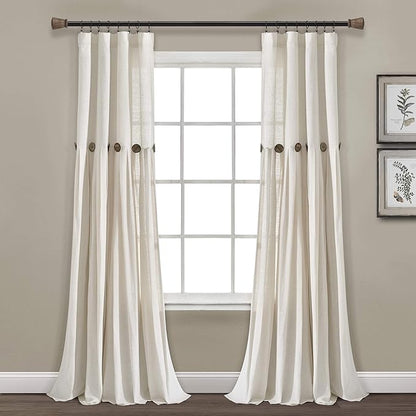 Lush Decor Linen Button Window Curtain Panel, Single, 40" W x 108" L, Off White- Country Curtains - Color Block Modern Farmhouse Curtains For Living Room, Bedroom & Dining Room