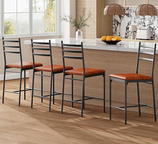 Garvee Bar Stools Set of 4, Counter Height Bar Chairs with Back and Thick Cushion, Upholstered Dining Chairs with Padded Seat, Barstools for Kitchen Island, Bar, Dining Room, Retro Brown