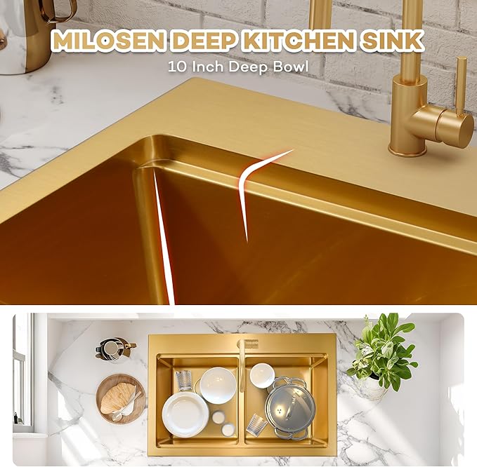 MILOSEN Gold Double Bowl Kitchen Sink, 31''x22'' Gold Workstation Sink 50/50 Topmount Double Basin with Accessories, Drop in 16 Gauge T304 Stainless Steel Sinks,10'' Deep and Large Handmade Sink