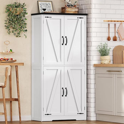 TEENFON 58" H Storage Cabinet with Adjustable Shelf, Farmhouse Kitchen Pantry Cabinet, Bathroom Cabinet with 4 Doors, Cupboard for Kitchen, Bathroom, Living Room, White