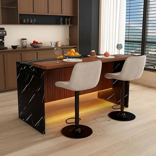 Runboll 63" Large Island Table Set with 2 Bar Stools, Modern Faux Marble Dining Table Set with Multi-Color LED Lights, Kitchen Island with Grille Design for Dining Room, Home, Office, Living Room