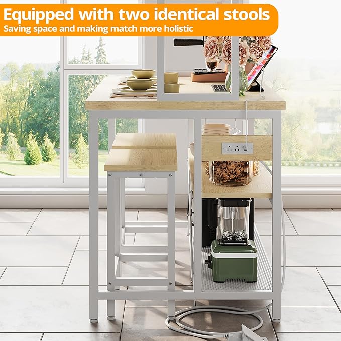 IRONCK Kitchen Island with Stools, Dining Table Set with Storage and Power Outlet, Industrial Coffee Bar Table for Kitchen Dining Living Room, 10 Hooks (Natural Wood)