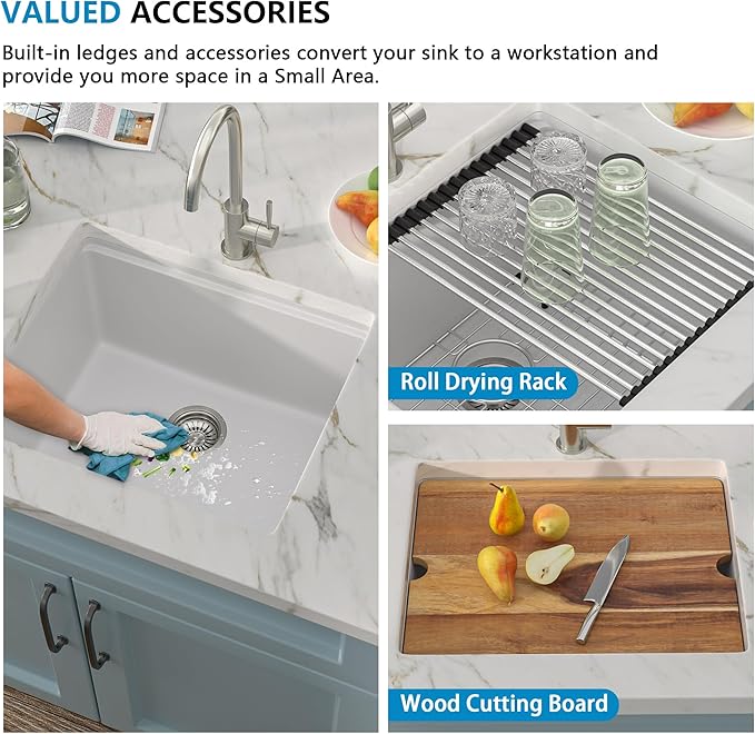21"x18" Undermount Wet Bar Sink Workstation - White Granite Composite Quartz Classic Single Bowl Under Counter Small Kitchen Bar Prep RV Sink Basin