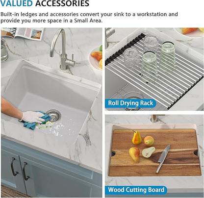 21"x18" Undermount Wet Bar Sink Workstation - White Granite Composite Quartz Classic Single Bowl Under Counter Small Kitchen Bar Prep RV Sink Basin