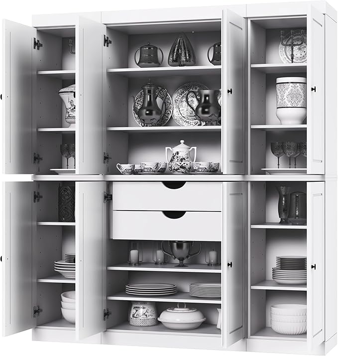 Palace Imports Solid Wood Storage Cabinet - 71.5" Tall, 65" Wide Freestanding Kitchen Pantry with 2-Drawer Kit & Adjustable Shelves – White, Renewable Eco-Friendly 100% Wood, Made in Brazil
