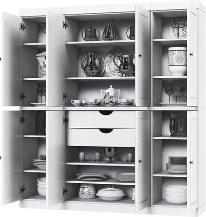 Palace Imports Solid Wood Storage Cabinet - 71.5" Tall, 65" Wide Freestanding Kitchen Pantry with 2-Drawer Kit & Adjustable Shelves – White, Renewable Eco-Friendly 100% Wood, Made in Brazil