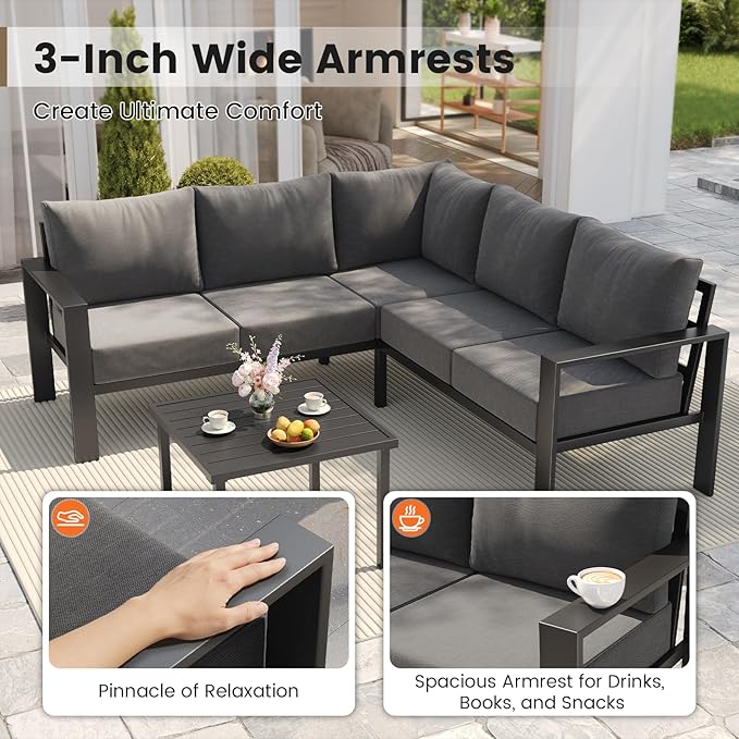 UDPATIO 6 Piece Patio Furniture Set, Metal Outdoor Sectional Sofa with 6" Thick Olefin Cushions, Wide Armrest & Coffee Table, L Shaped Outdoor Furniture for Garden, Backyard Dark Grey
