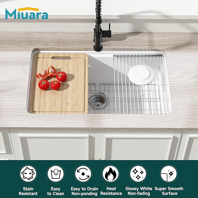 Miuara White Undermount Workstation Kitchen Sink 30 Inch - Topmount Fireclay Drop In Sink 30"x19"x10", Dual Mount Heavy Duty Deep Single Bowl, with 4 Custom Accessories, for Kitchen, Island