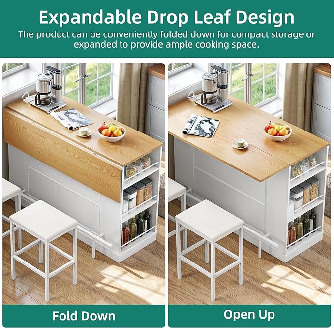 YITAHOME Kitchen Island with Seating, 47 Inch Mobile Storage Island with Drop Leaf, Rolling Islands Table with Power Outlet & Spice Rack, 2 Upholstered Stools and Footrest, for Dining Room, White Oak