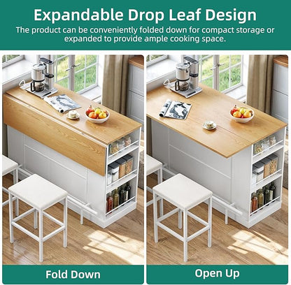 YITAHOME Kitchen Island with Seating, 47 Inch Mobile Storage Island with Drop Leaf, Rolling Islands Table with Power Outlet & Spice Rack, 2 Upholstered Stools and Footrest, for Dining Room, White Oak