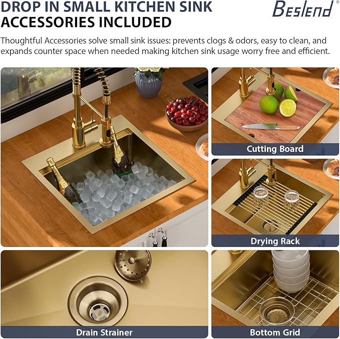 18 Outdoor Kitchen Sink Gold - Beslend 18x18 Gold Outdoor Sink Bar Sink RV Sinks Drop In, Topmount Stainless Steel Kitchen Sinks Workstation 16 Gauge Single Bowl Above Counter Indoor Outdoor