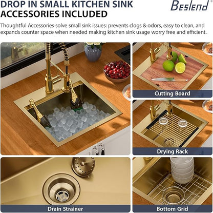 18 Outdoor Kitchen Sink Gold - Beslend 18x18 Gold Outdoor Sink Bar Sink RV Sinks Drop In, Topmount Stainless Steel Kitchen Sinks Workstation 16 Gauge Single Bowl Above Counter Indoor Outdoor