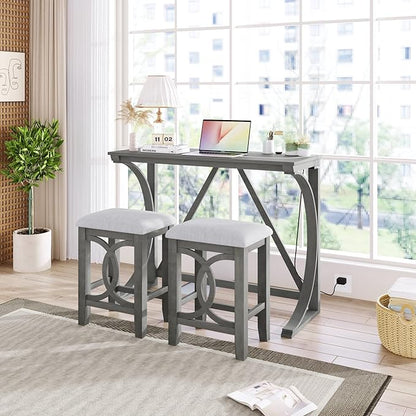 Rustic Dining Table Set, Farmhouse 3-Piece Counter Height Dining Table Set with USB Port and Upholstered Stools for Small Places (Gray/Farmhouse-A)