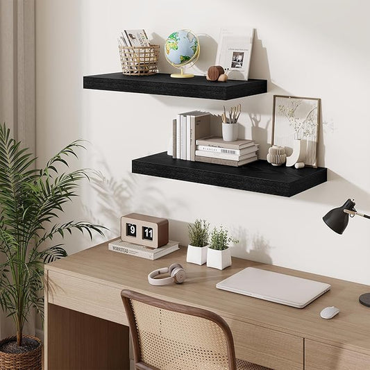 Fun Memories 12 Inch Deep Floating Shelves for Wall, 30 Inch Long Floating Shelf, 30 x 12 Shelf for Wall, Rustic Wood Bookshelves, Hanging Shelves for Bathroom Kitchen Bedroom, Black, Set of 2