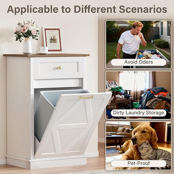 YESHOMY 10 Gallon Tilt-Out Trash Cabinet, Wooden Hidden Garbage Can Holder with Storage Drawers for Kitchen and Dining Room, White (2 Piece)