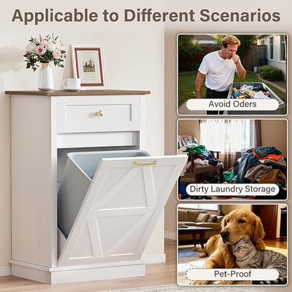 YESHOMY 10 Gallon Tilt-Out Trash Cabinet, Wooden Hidden Garbage Can Holder with Storage Drawers for Kitchen and Dining Room, White (2 Piece)