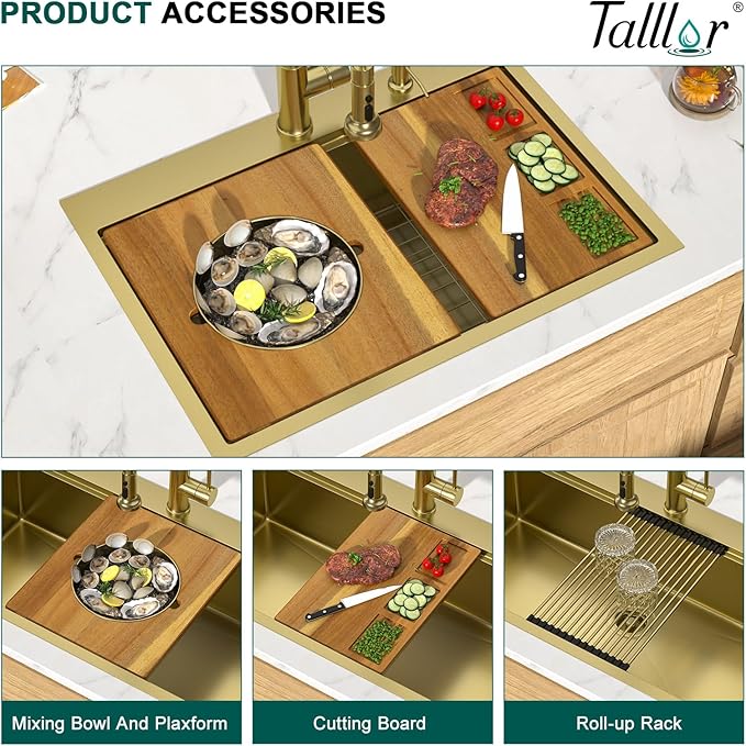 30 Gold Drop In Kitchen Sink - Workstation All-In One 16 Gauge Stainless Steel 30x22 Single Bowl Topmount Handmade Sinks for Kitchen with Mixing Board and Pasta Strainer #TLT-0070