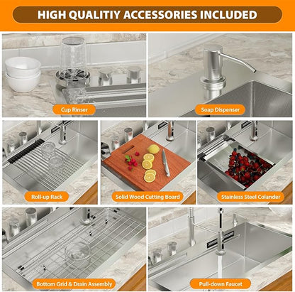 Mocoloo 33 Inch Honeycomb Waterfall Kitchen Sink Drop in, 33x19 Inch Stainless Steel Workstation Sink 16 Gauge Topmount Single Bowl Sink with Complete Kit
