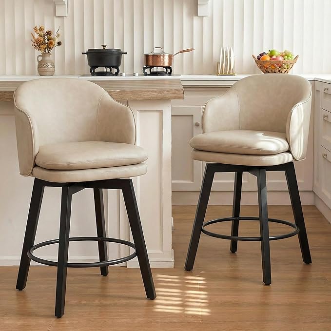 Counter Height Barstools 26 inch Upholstered Swivel Bar Stools with Back and Wood Legs for Kitchen Island,Set of 4,Beige PU Leather