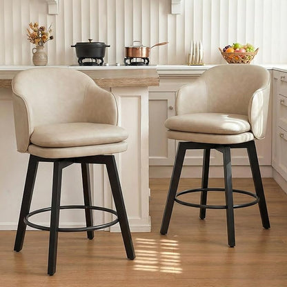 Counter Height Barstools 26 inch Upholstered Swivel Bar Stools with Back and Wood Legs for Kitchen Island,Set of 4,Beige PU Leather