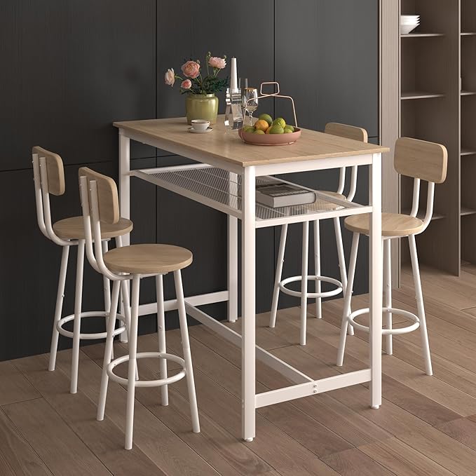 RuiSiSi 5 Piece Counter Height Dining Table Set, Heavy Duty Metal Kitchen Table Set with Storage Shelf and 4 Height Chairs, Modern Bar Table and Chairs Set for Kitchen, Dining Room, Bar, White Oak