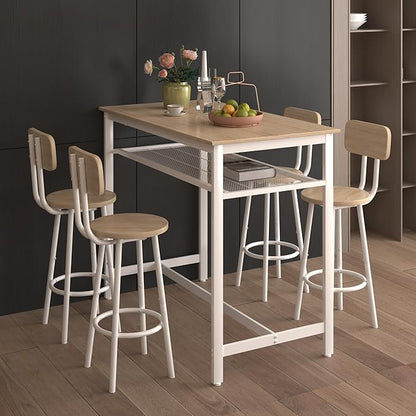 RuiSiSi 5 Piece Counter Height Dining Table Set, Heavy Duty Metal Kitchen Table Set with Storage Shelf and 4 Height Chairs, Modern Bar Table and Chairs Set for Kitchen, Dining Room, Bar, White Oak