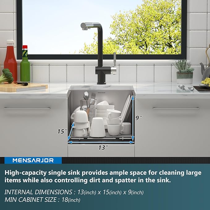MENSARJOR Undermount Kitchen Sink, 304 Stainless Steel Round Corner Single Bowl Deep Kitchen Sinks, 10-inch Deep Large Bar Sink, 15"X17"Inch