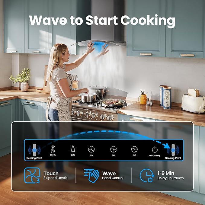 VIKIO HOME 30" Wall Mount Range Hood Tempered Glass 900 CFM, Kitchen Vent Stainless Steel with Gesture Sensing, Touch Control Switch Panel, Suitable for 7-9ft, Ducted, 3-Speed, Permanent Filter