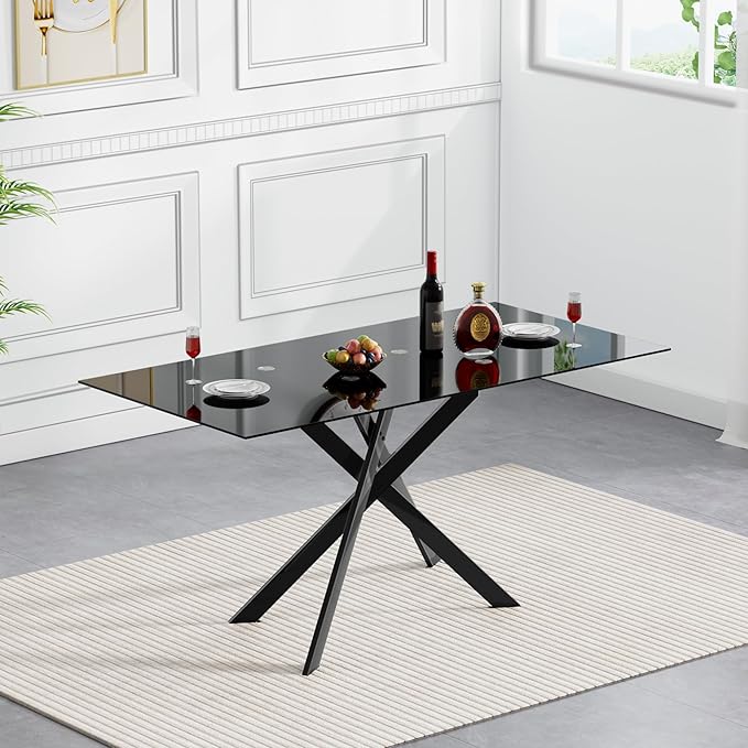 Rectangular Glass Dining Table, Tempered Glass Tabletop and Metal Legs, Modern Style Glass Kitchen Table for Home, Kitchen, Dining Room (Black, 52'')