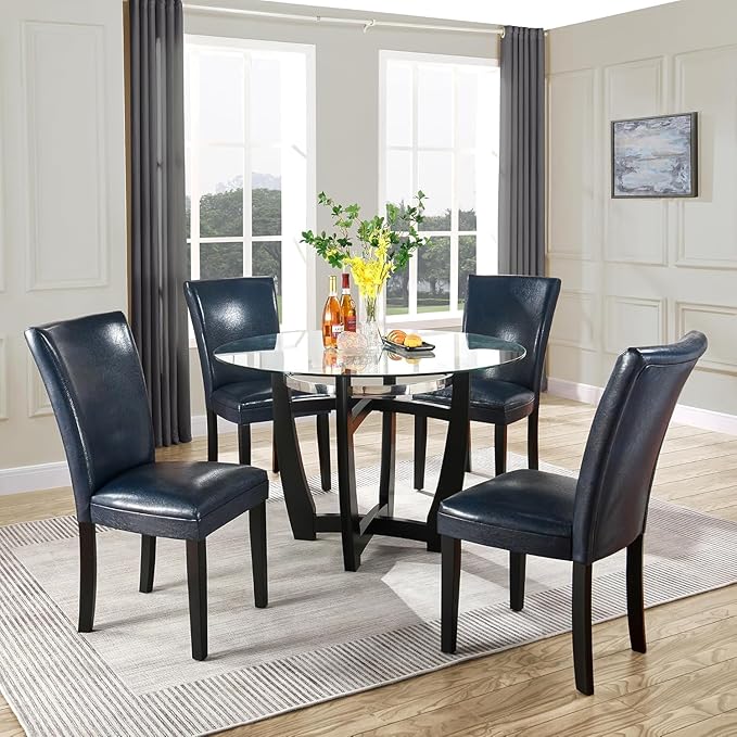 Dining Table, 48 Inch Clear Tempered Glass Round Dining Table, Solid Wood Base Dining Room Table, 31" High, Modern Round Kitchen Dining Room Table Furniture