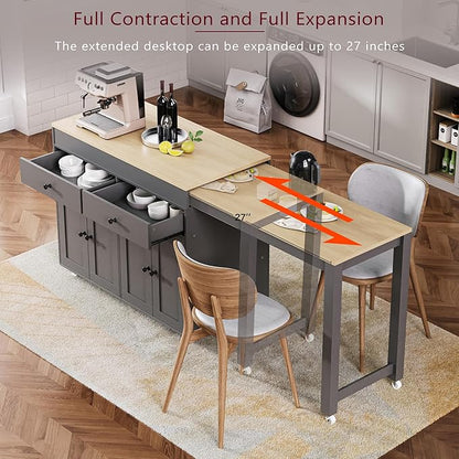 Modern Dining Table 74.5 Inch Kitchen Island with Extendable Table, Rolling Cart with 4 Door Cabinet, 2 Drawers, Spice Rack, Wood Counter for Living Room,Grey-MDF