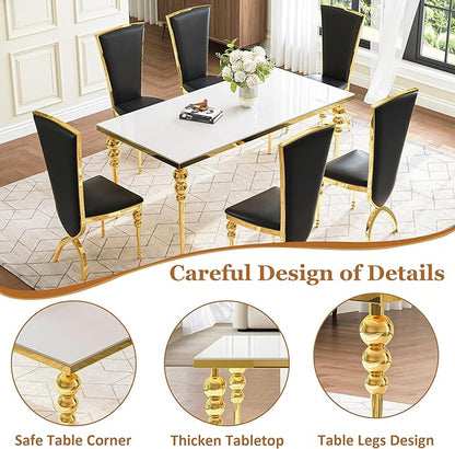 Glass Dining Table Set for 6, Luxurious 70 Inch Rectangular Glass Kitchen Table with 6 Black High Back Leather Chairs, for Dining Room, Restaurant, Living Room (White Top)