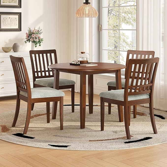 Merax 5-Piece Drop Leaf Round Dining Table Set for 4, Farmhouse Kitchen Table Set with Extendable Round Table and 4 Upholstered Chairs. Wood Table and Chairs Set for Dining Room, Living Room, Brown