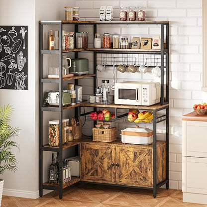 IRONCK Corner Bakers Rack with Power Outlet, Coffee Bar 6 Tier with Storage Cabinet, Vintage Industrial Microwave Stand with 6 Hooks, Kitchen Shelves with Wire Basket, Rustic Brown