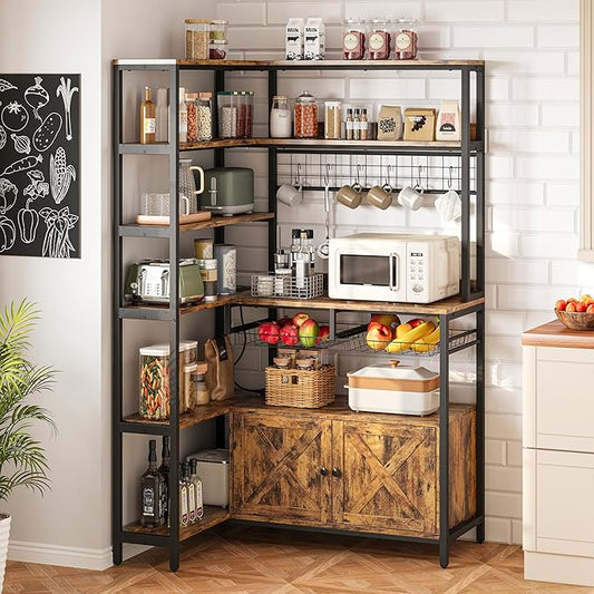 IRONCK Corner Bakers Rack with Power Outlet, Coffee Bar 6 Tier with Storage Cabinet, Vintage Industrial Microwave Stand with 6 Hooks, Kitchen Shelves with Wire Basket, Rustic Brown