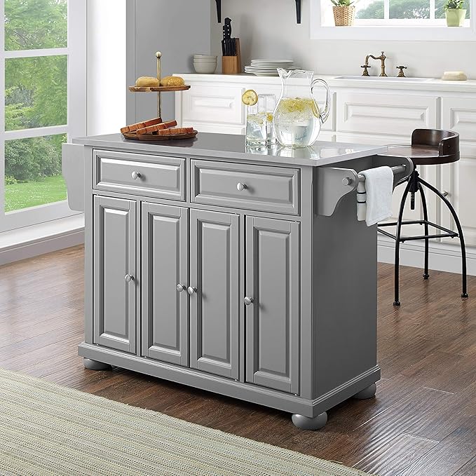 Crosley Furniture Full Size Stainless Steel Rolling Kitchen Island Storage Cart, Microwave Stand, Spice Rack, Gray
