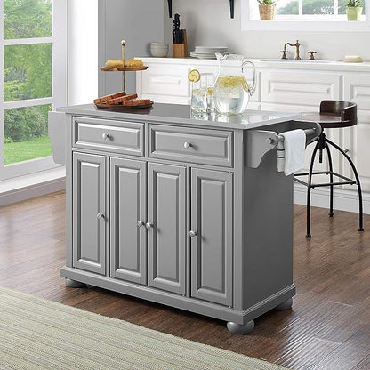 Crosley Furniture Full Size Stainless Steel Rolling Kitchen Island Storage Cart, Microwave Stand, Spice Rack, Gray