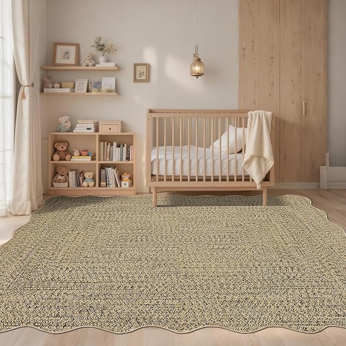 Imitation Braided Collection-Print 8x10 Living Room Area Rug Non-Slip Washable Rugs, Farmhouse Scalloped Large Bedroom Rugs Stain Resistant Ultra-Thin Foldable Carpet for Nursery Dining Room