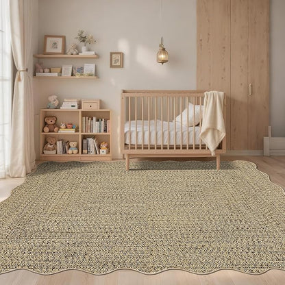Imitation Braided Collection-Print 8x10 Living Room Area Rug Non-Slip Washable Rugs, Farmhouse Scalloped Large Bedroom Rugs Stain Resistant Ultra-Thin Foldable Carpet for Nursery Dining Room