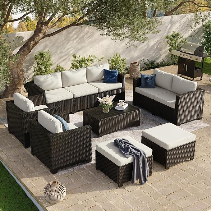 Aoxun 10 Piece Outdoor Patio Furniture Set 9 Seats, Outdoor Sectional with Thick Waterproof Cushions, Patio Conversation Sets for Garden,Backyard, Porch, Balcony, Deck, Black & Beige