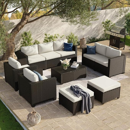 Aoxun 10 Piece Outdoor Patio Furniture Set 9 Seats, Outdoor Sectional with Thick Waterproof Cushions, Patio Conversation Sets for Garden,Backyard, Porch, Balcony, Deck, Black & Beige